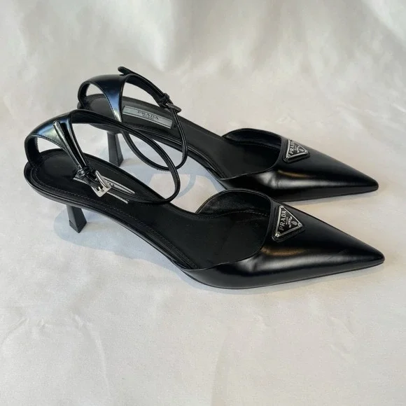 Prada Slingback Stiletto Ankle Strap Logo Accent Black Pointed Toe Leather 37.5 - Picture 4 of 14